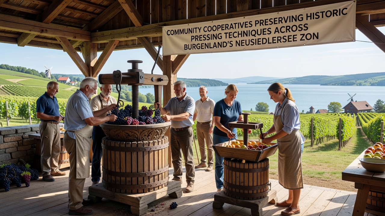 Southern Terrace cooperative members loading grapes into a restored wooden press during late summer harvest
