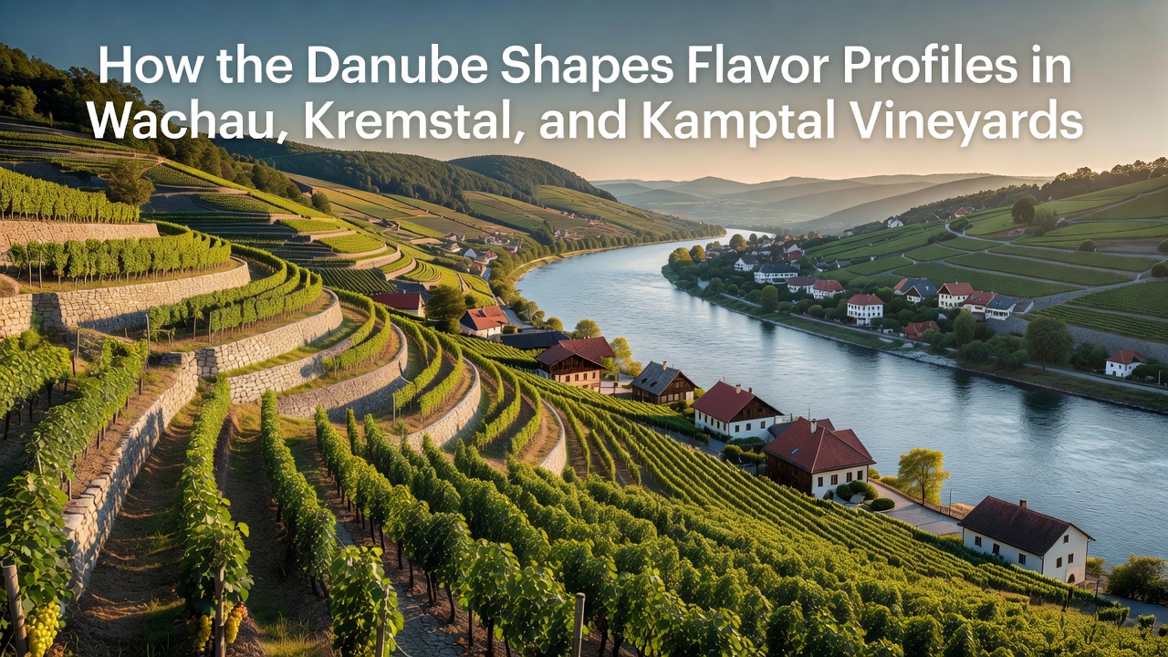 Close-up of Riesling grapes in the Kamptal region with the Danube visible in the background