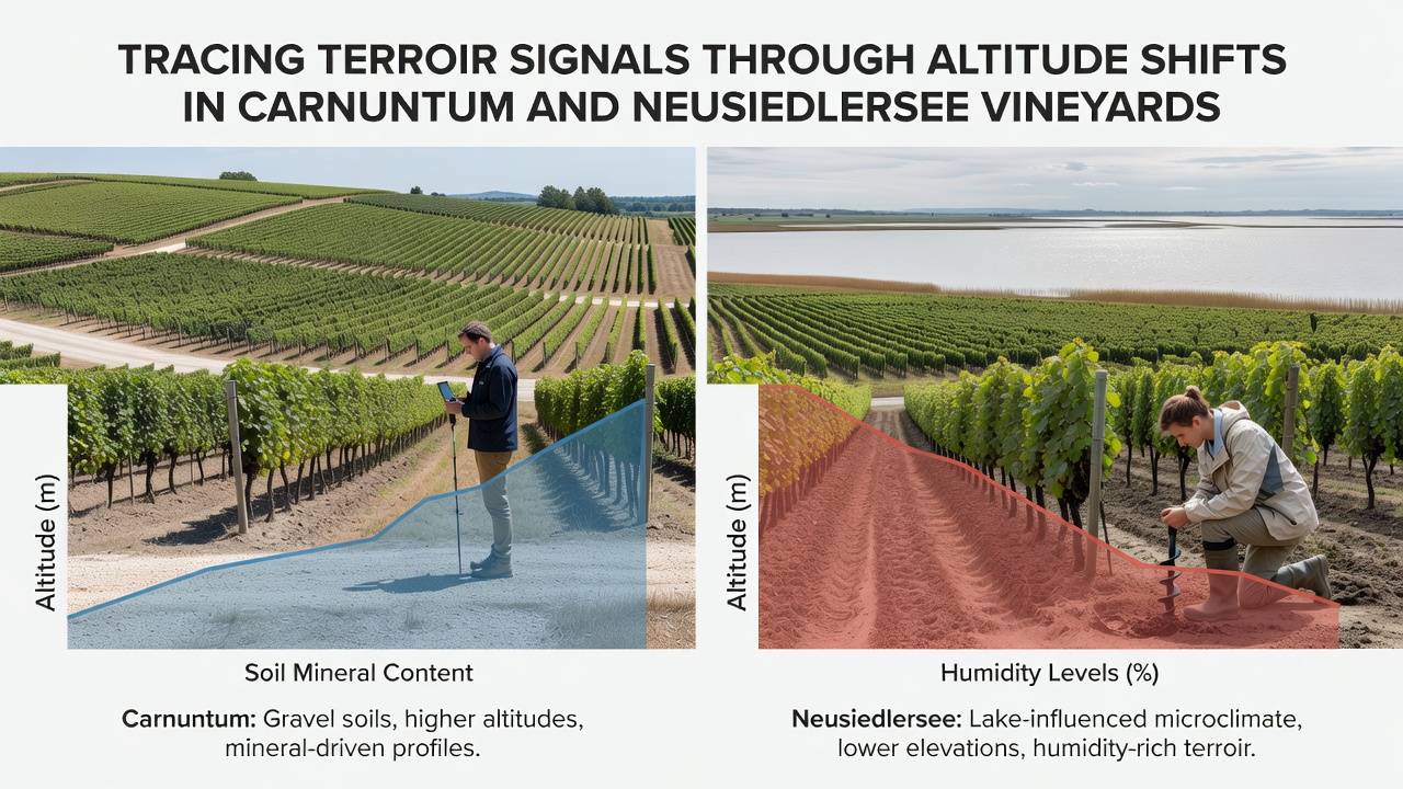 Neusiedlersee vineyard rows ascending a gentle slope with lake visible in the background and varied vine canopy heights